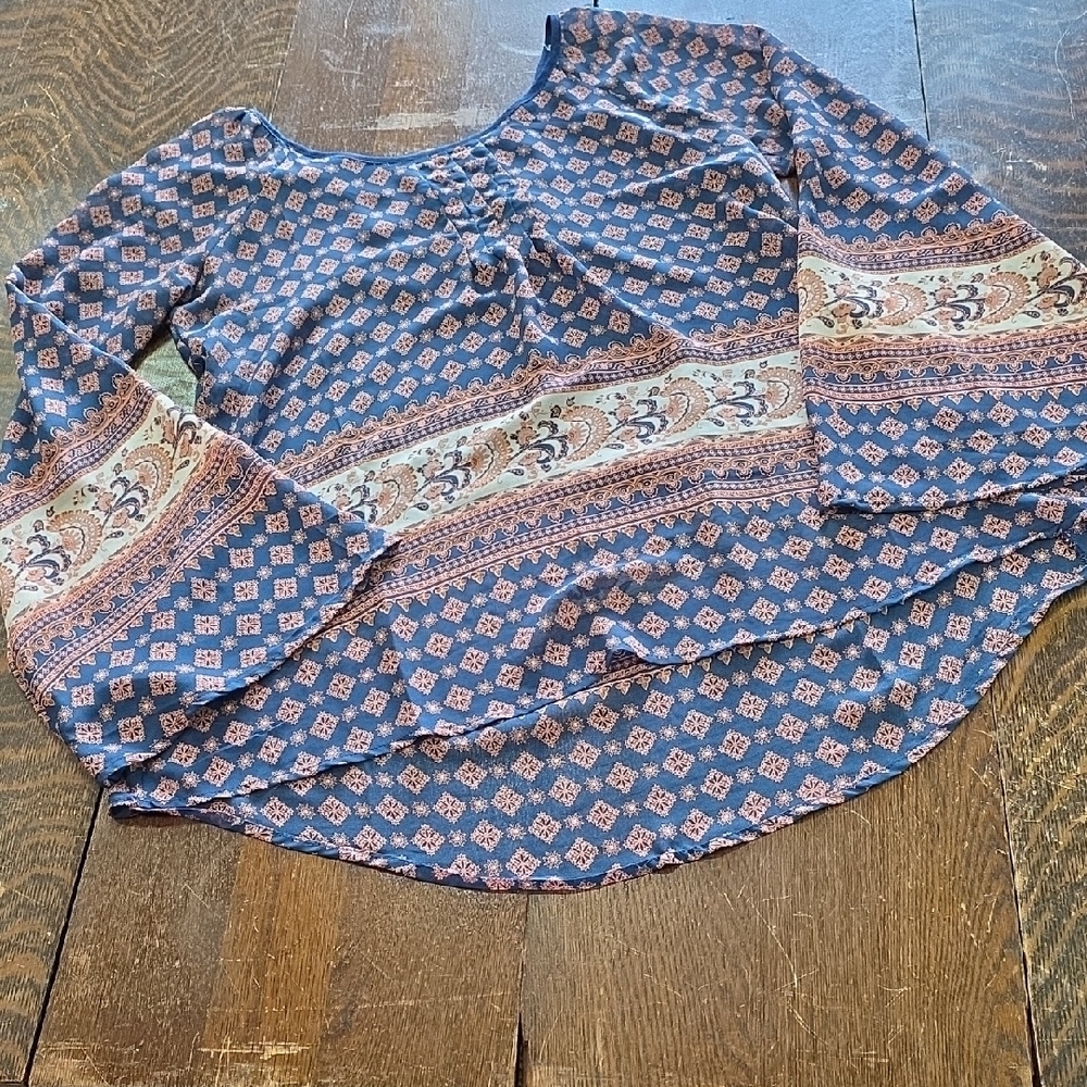 Blu Pepper Festival‎ Boho Sheer Patchwork Bell Sleeve Top Blue Orange M